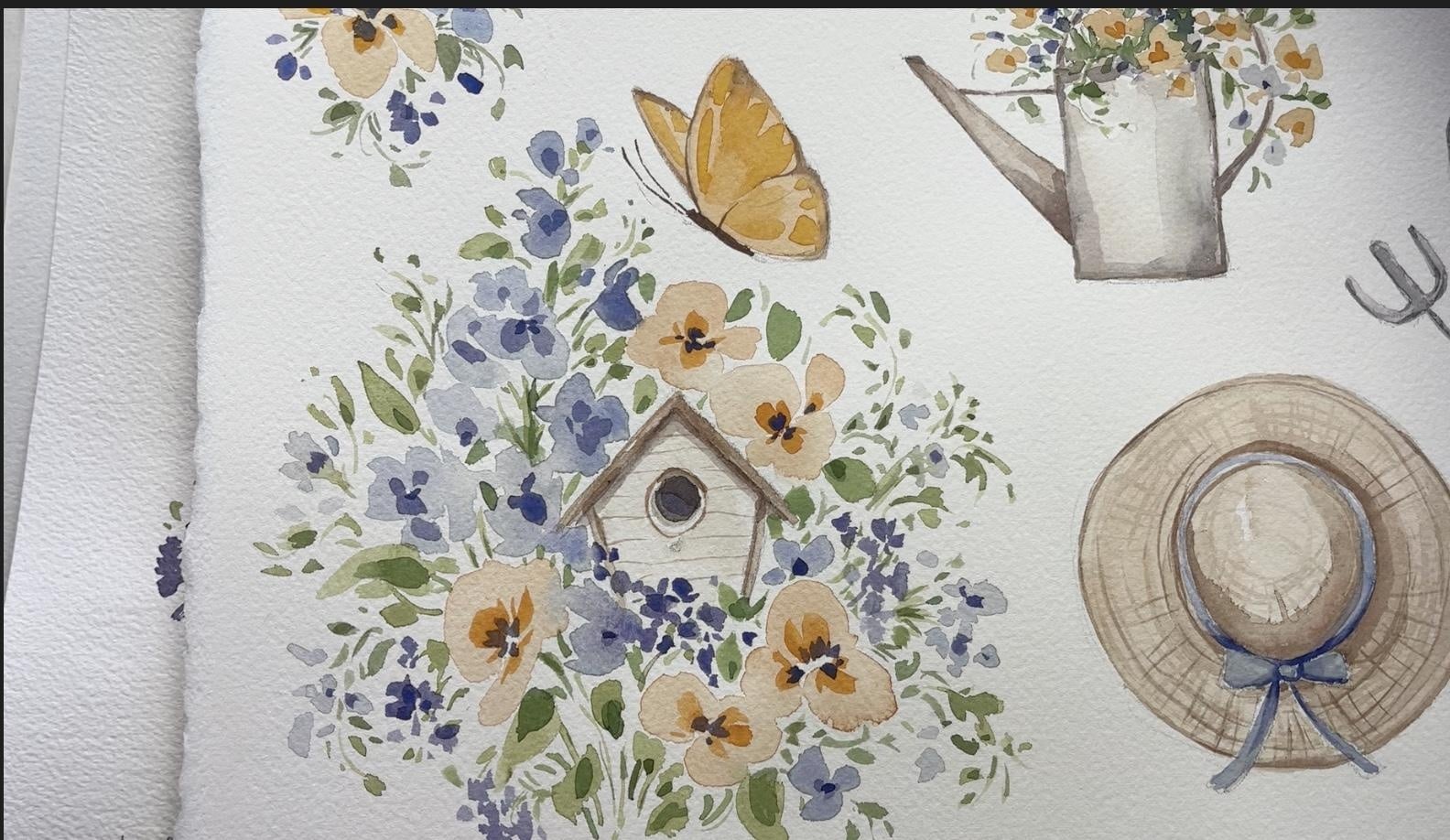Birdhouse and florals - student project