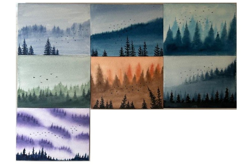 Completed 7 days of misty watercolor landscapes