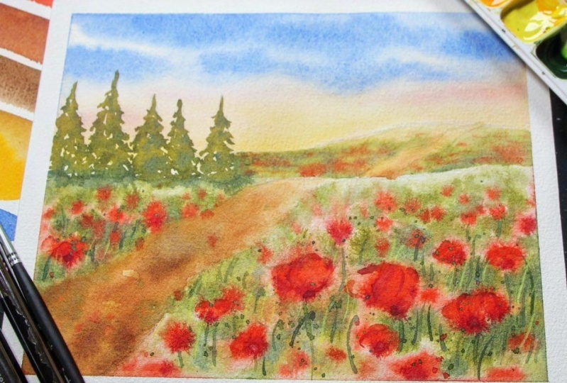 Watercolor Poppy Field
