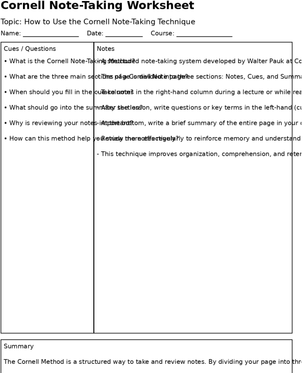 Cornell Note Talking Worksheet - student project
