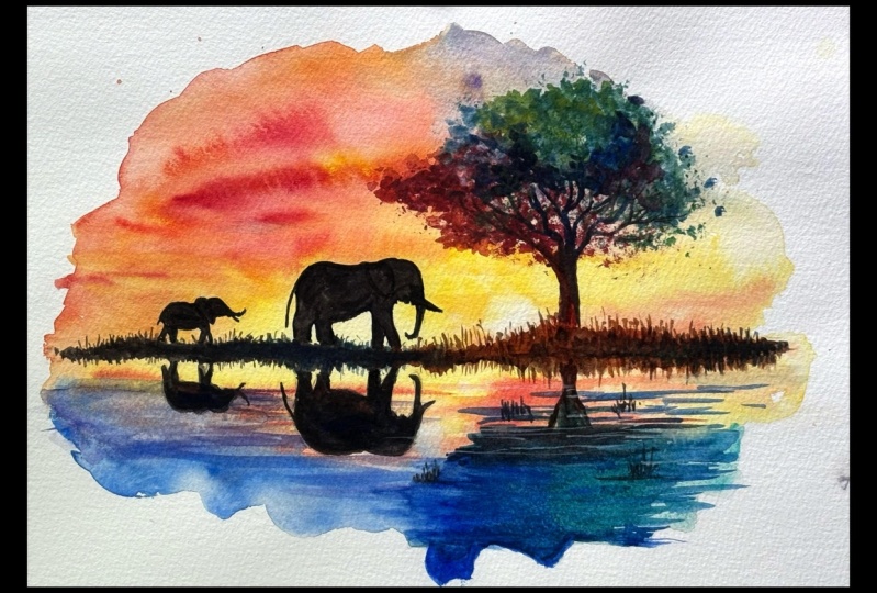 Watercolor Sunset Silhouette