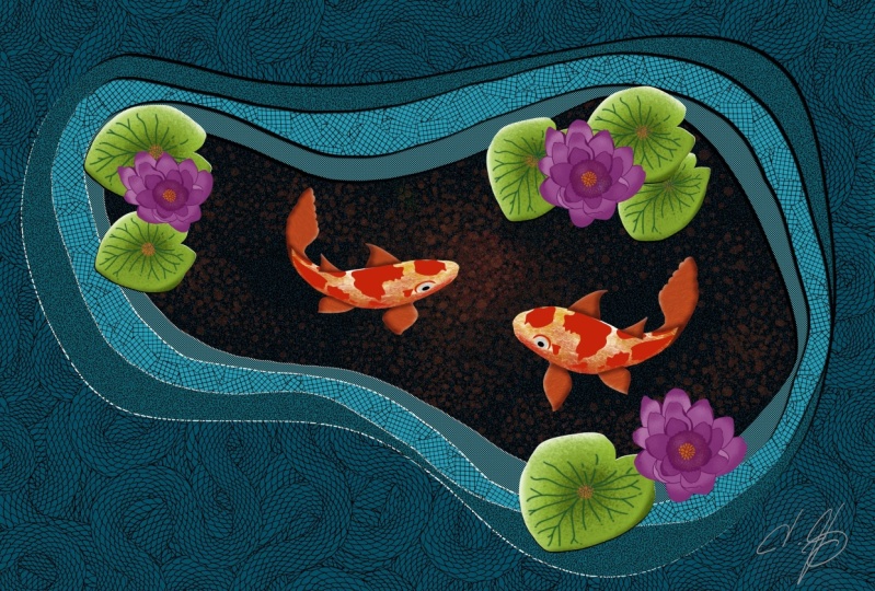 Layered Koi pond with water lillies