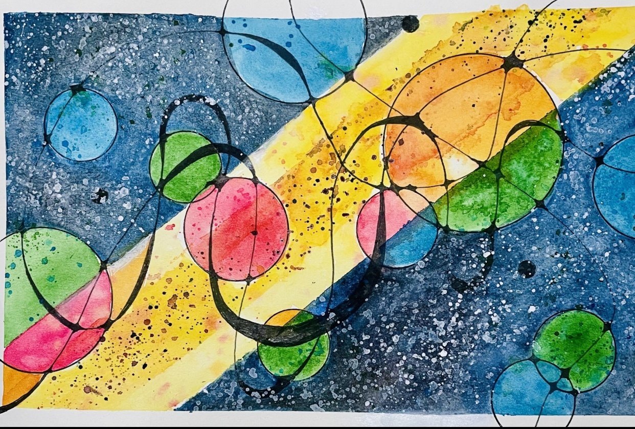 Abstract Watercolor Escape – Part 3: Galaxy Art w/ Tape & Neurographic Lines - student project