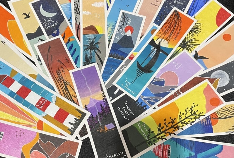 30 days acrylic painting - bookmark landscape in boho style