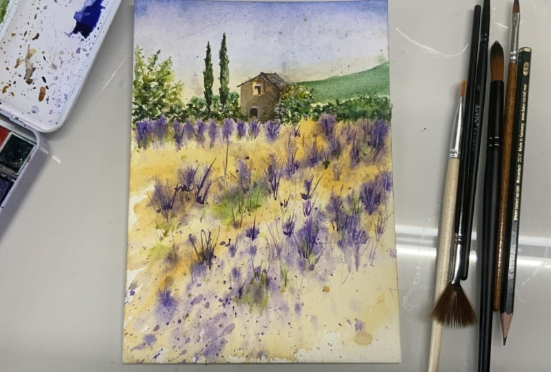 Expressive Watercolor Landscape: Lavender Field in Provence