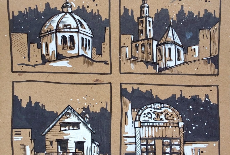 Urban sketching on brown paper