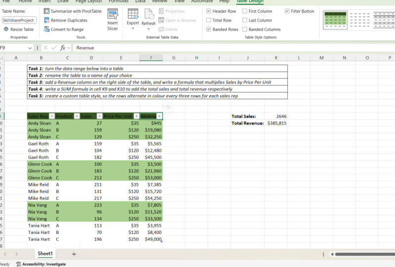 Project for Excel Tables