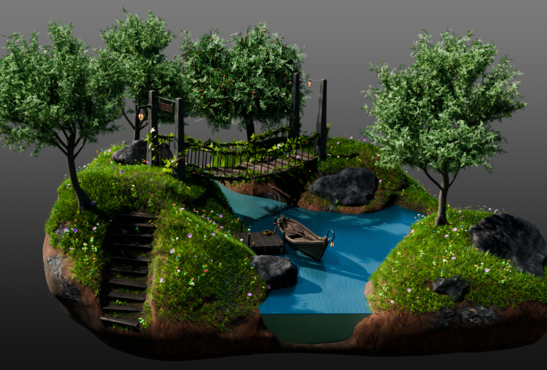 My Fantasy River 3D Diorama Boat Scene in Blender