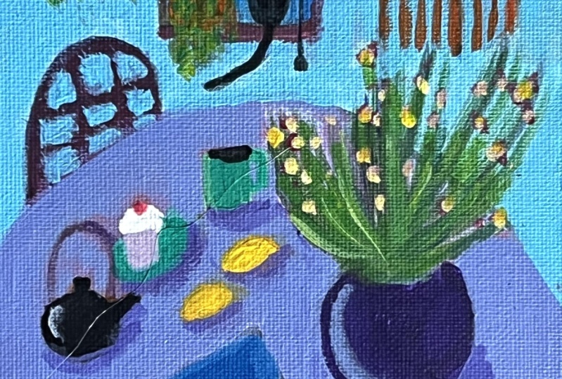 Fun painting.  I like the style.  Acrylic markers used in yellow table pic.