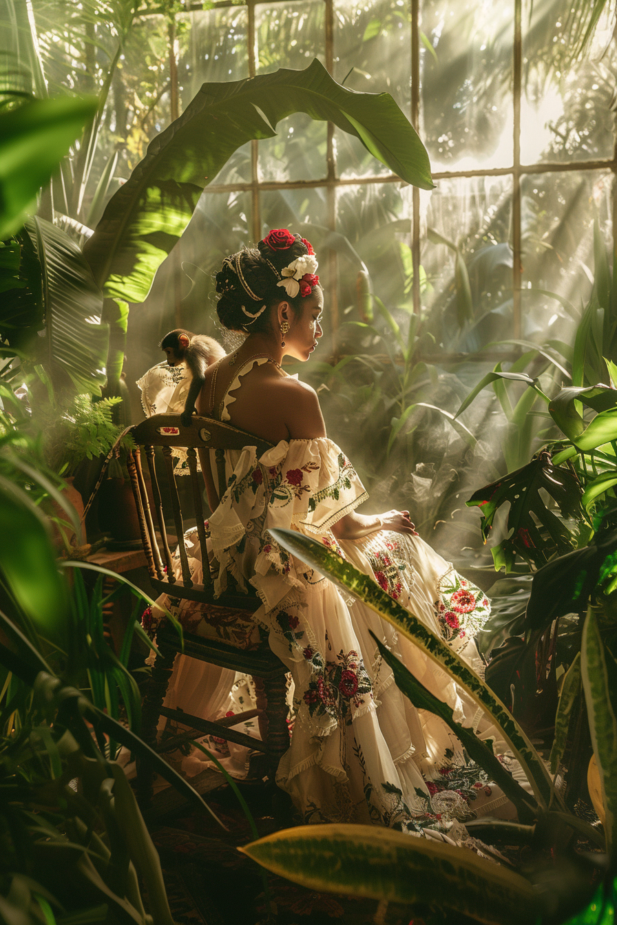 A mysterious woman in traditional Portuguese dress looking as Frida Kahlo