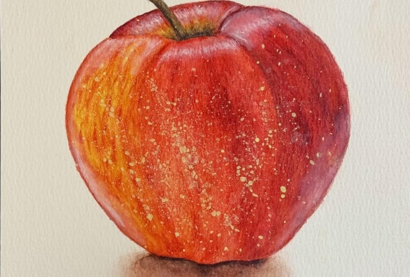 Red apple in watercolor pencil