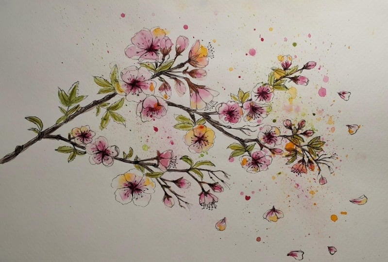 Cherry blossoms mixed technique