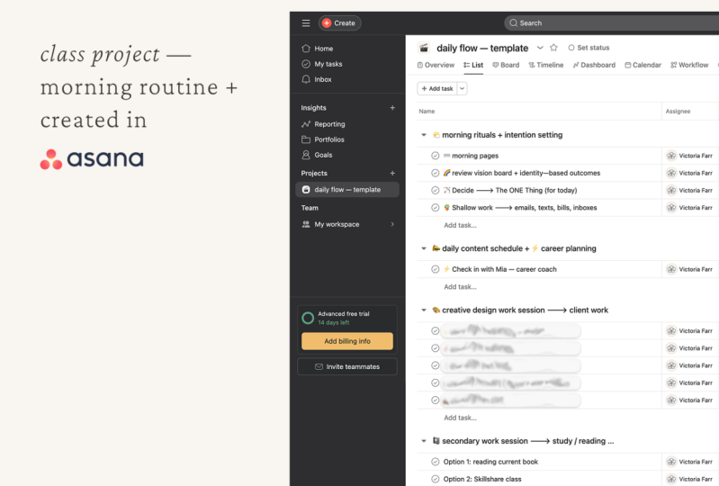 Morning routine list + (created in Asana)