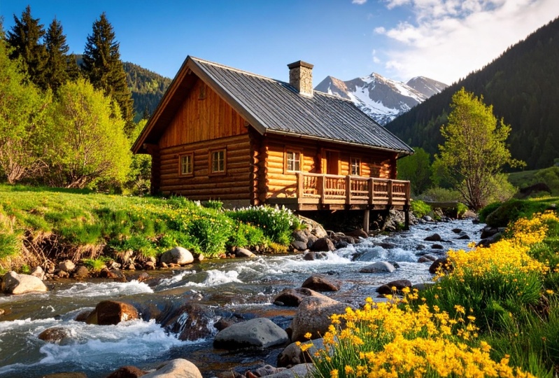 Log cabin in the mountains