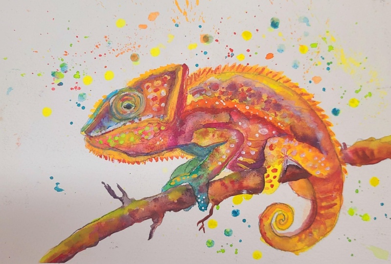 Chameleon in vibrant watercolor colors