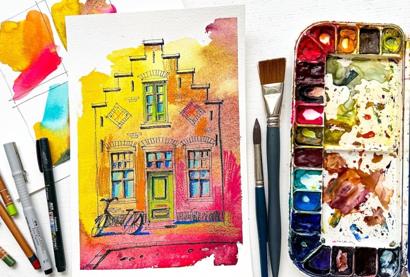 Expressive Urban Sketching Technique with Watercolor & Colored Pencils