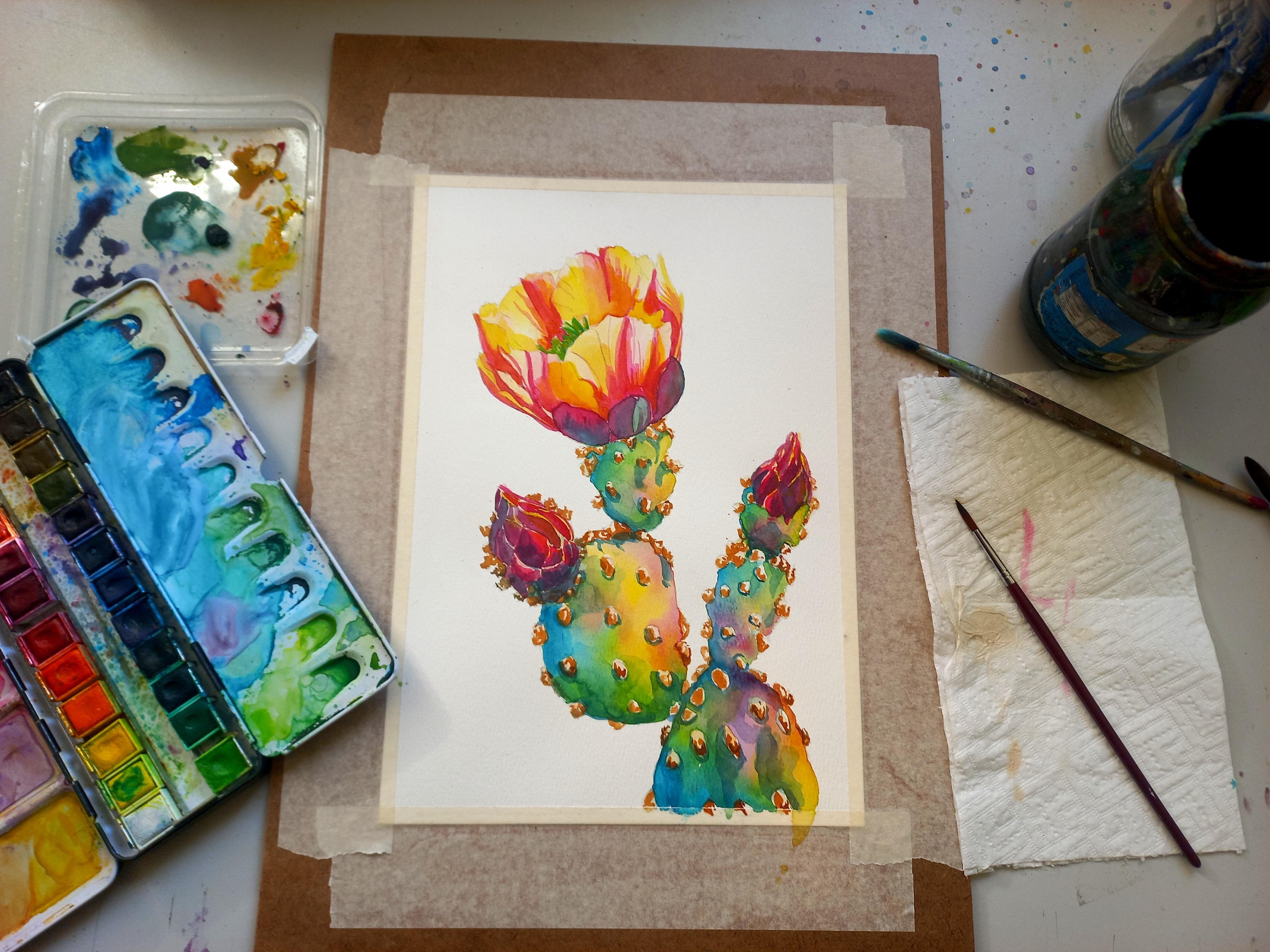 Watercolor Flow: Simple flowering succulents - student project