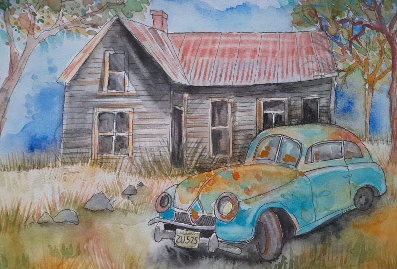 old car and house
