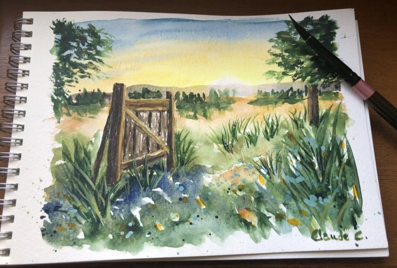 Loose watercolor landscape in my sketchbook