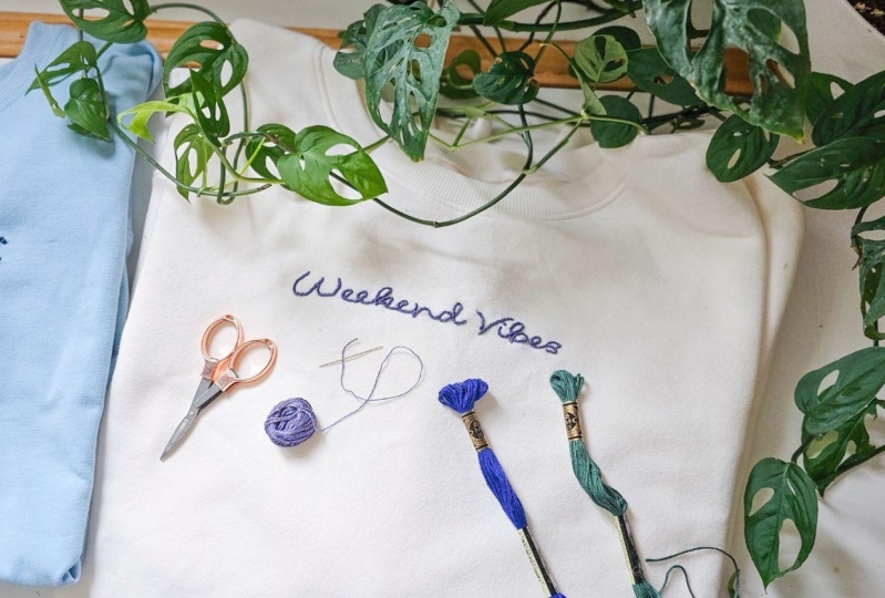 Embroidered Sweatshirt - Weekend Vibes Lettering
