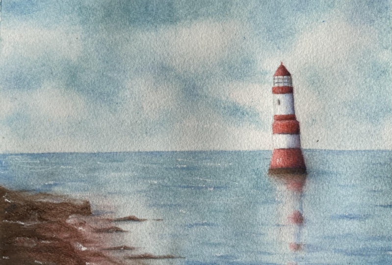 Lighthouse landscape with watercolour pencils