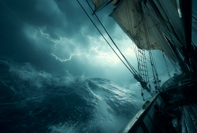 A sailing boat struggling in the dark sea in the middle of a rough storm
