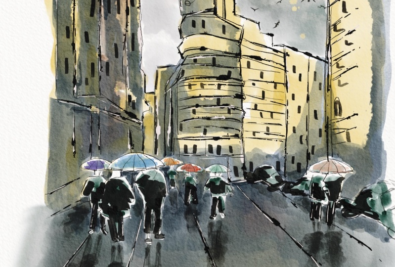 Rainy Day and Busy Street