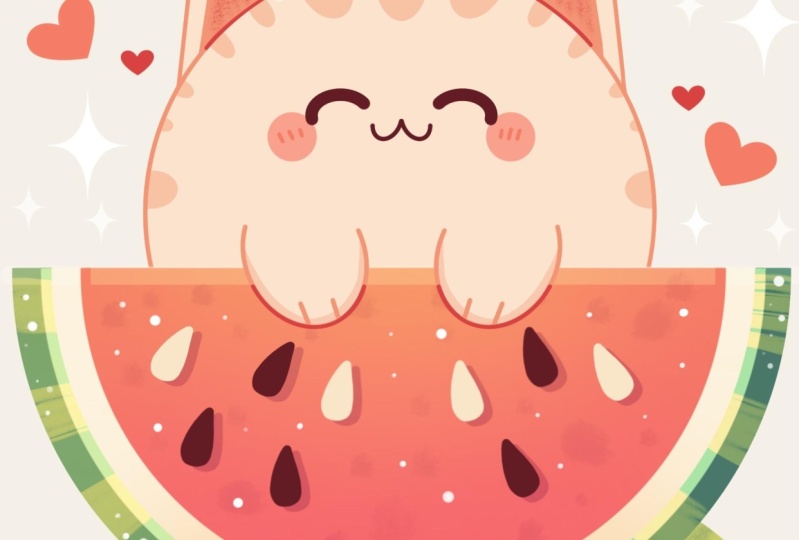 Kawaii Cat and Watermelon Illustration