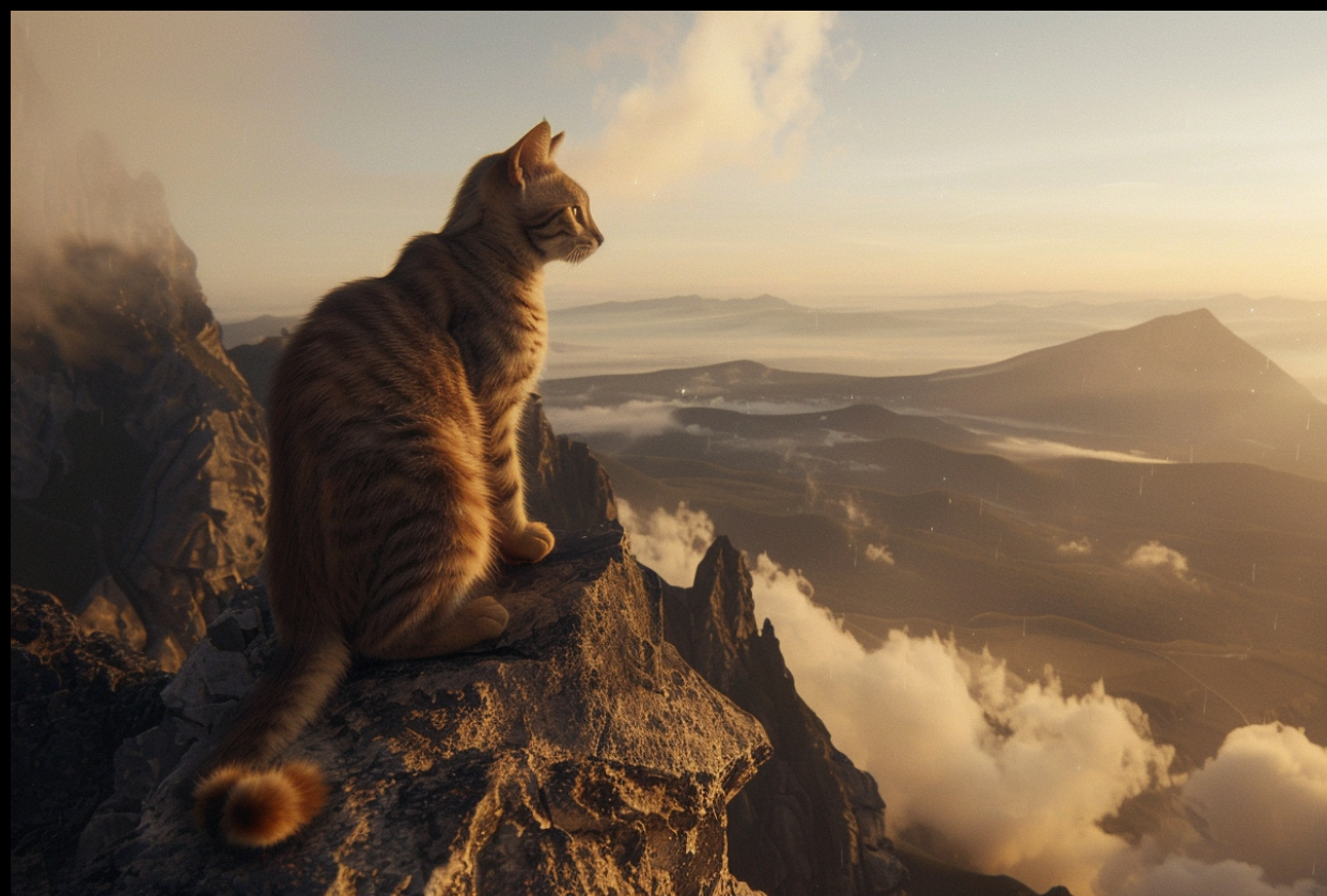 Cat sitting on a mountain landscape