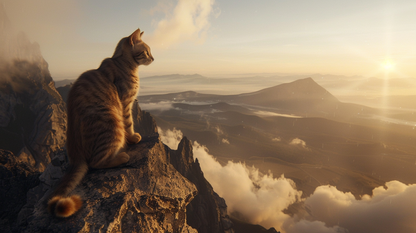 Cat sitting on a mountain landscape