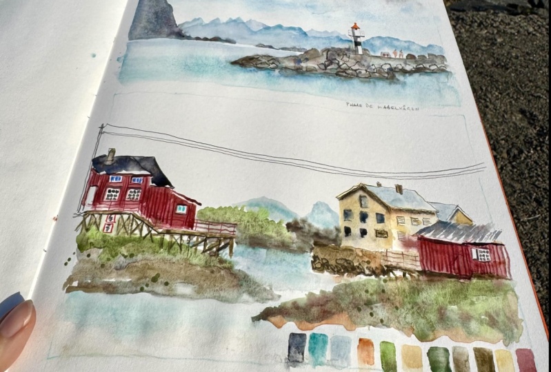 Sketching Sea, Mountains and Colorful Houses in Norway