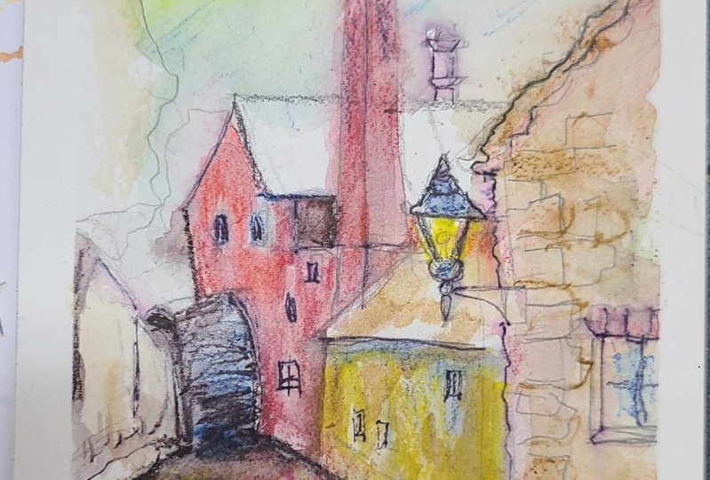 Mill watercolor pencil line and wash
