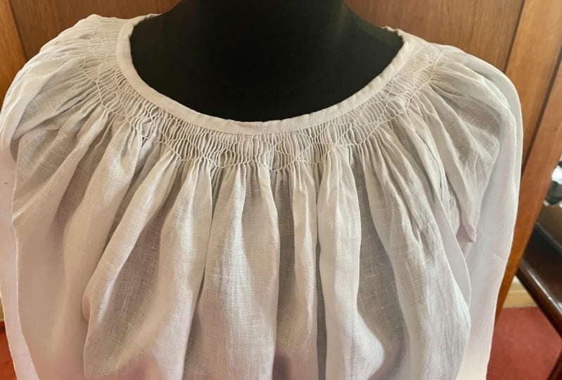 White Linen Blouse with smocked neckline