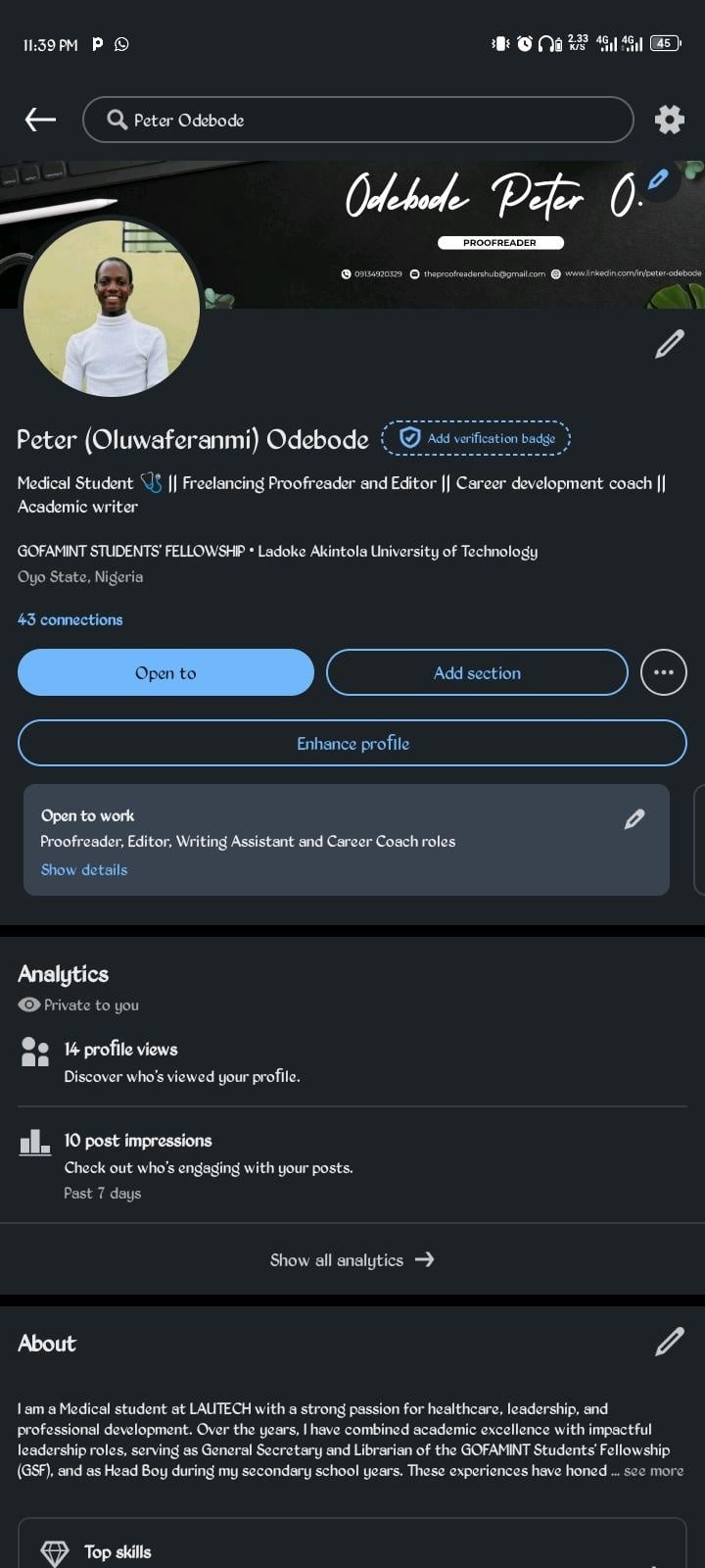 LinkedIn profile creation - student project