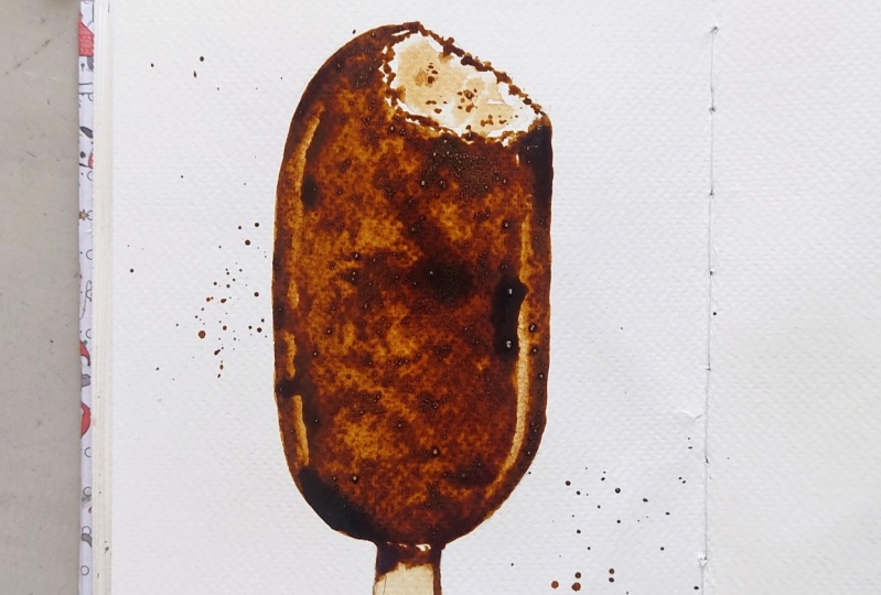 Chocolate Ice Lolly With Coffee, Coffee Art With Watercolor Techniques