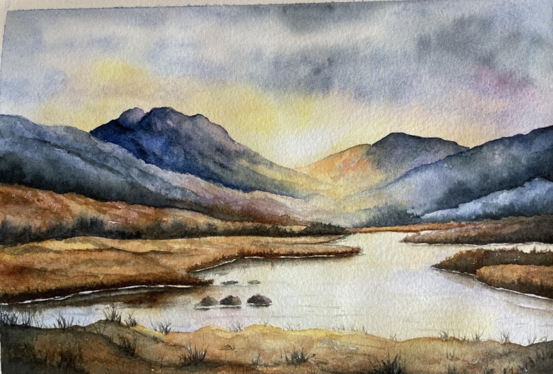 Mountain sunrise in watercolours