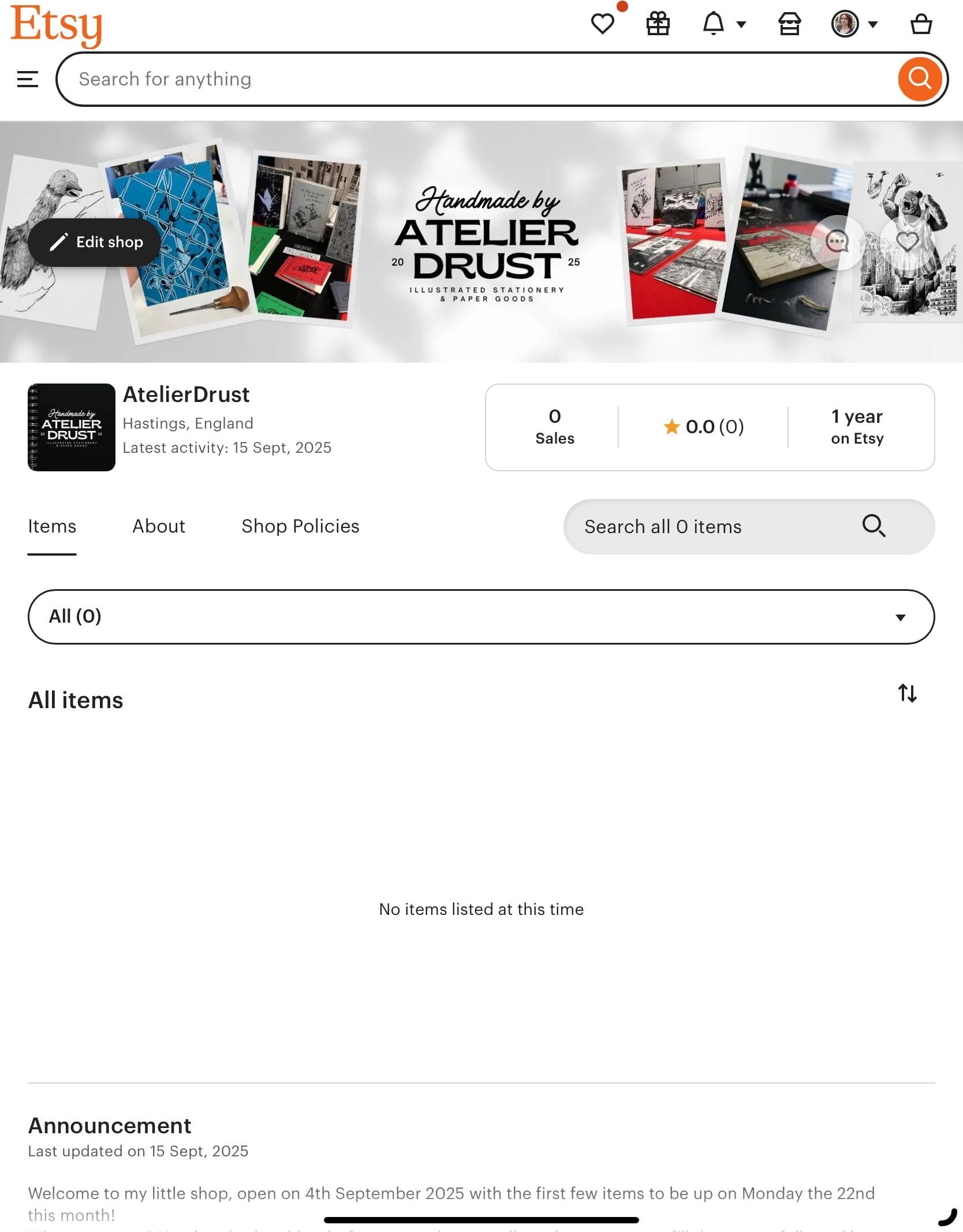 Etsy shop front - student project