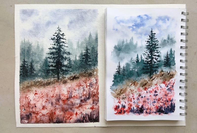 Serene Watercolor Meadow - A Foggy Atmospheric Landscape