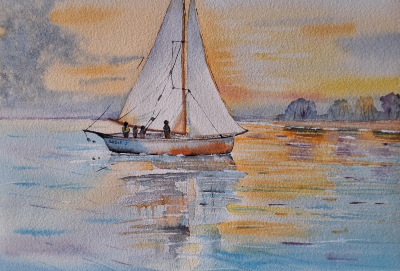 Sail boat in watercolor, capturing glow, reflections and calm
