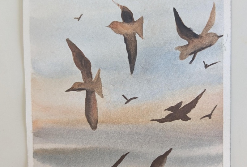 Morning Seascape: Paint Pastel Gradient Sky and Seagulls with Watercolor