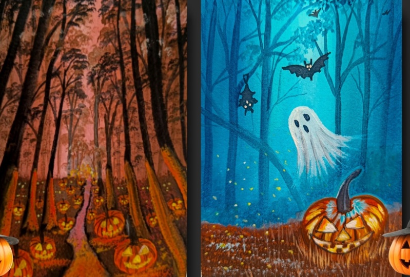 Misty Forest Halloween with pumpkins - gouache painting