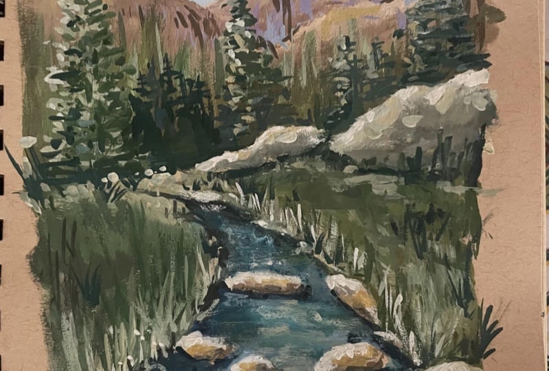 My mountain river gouache landscape