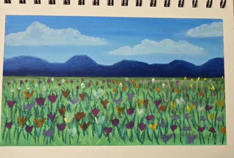 Oil pastel wild flower field