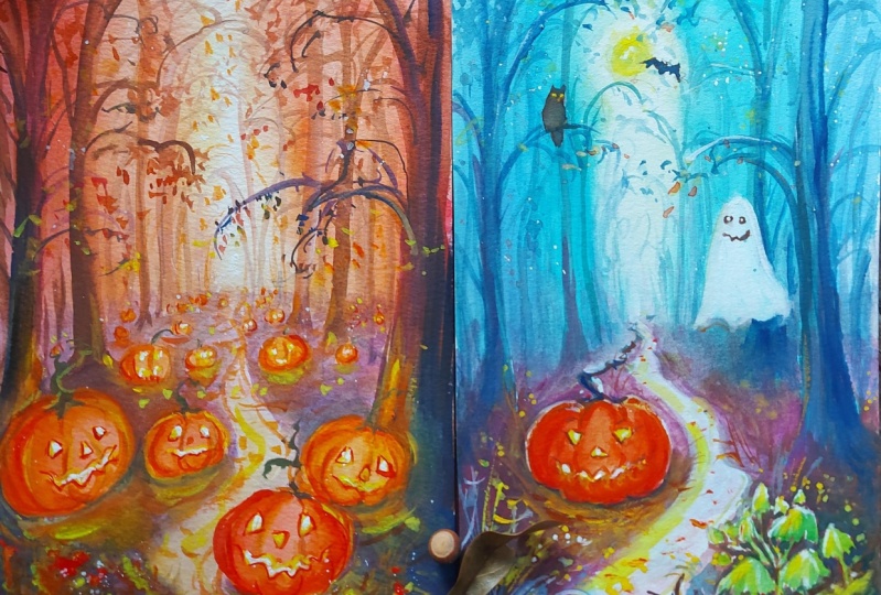 Gouache Painting : 🎃 Misty Forest Halloween With Pumpkins 🎃