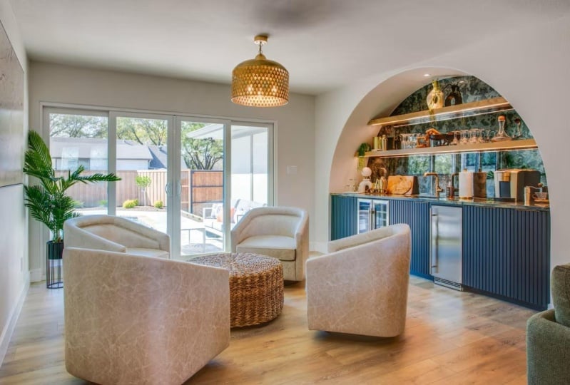 Vacation rental bar and seating area.