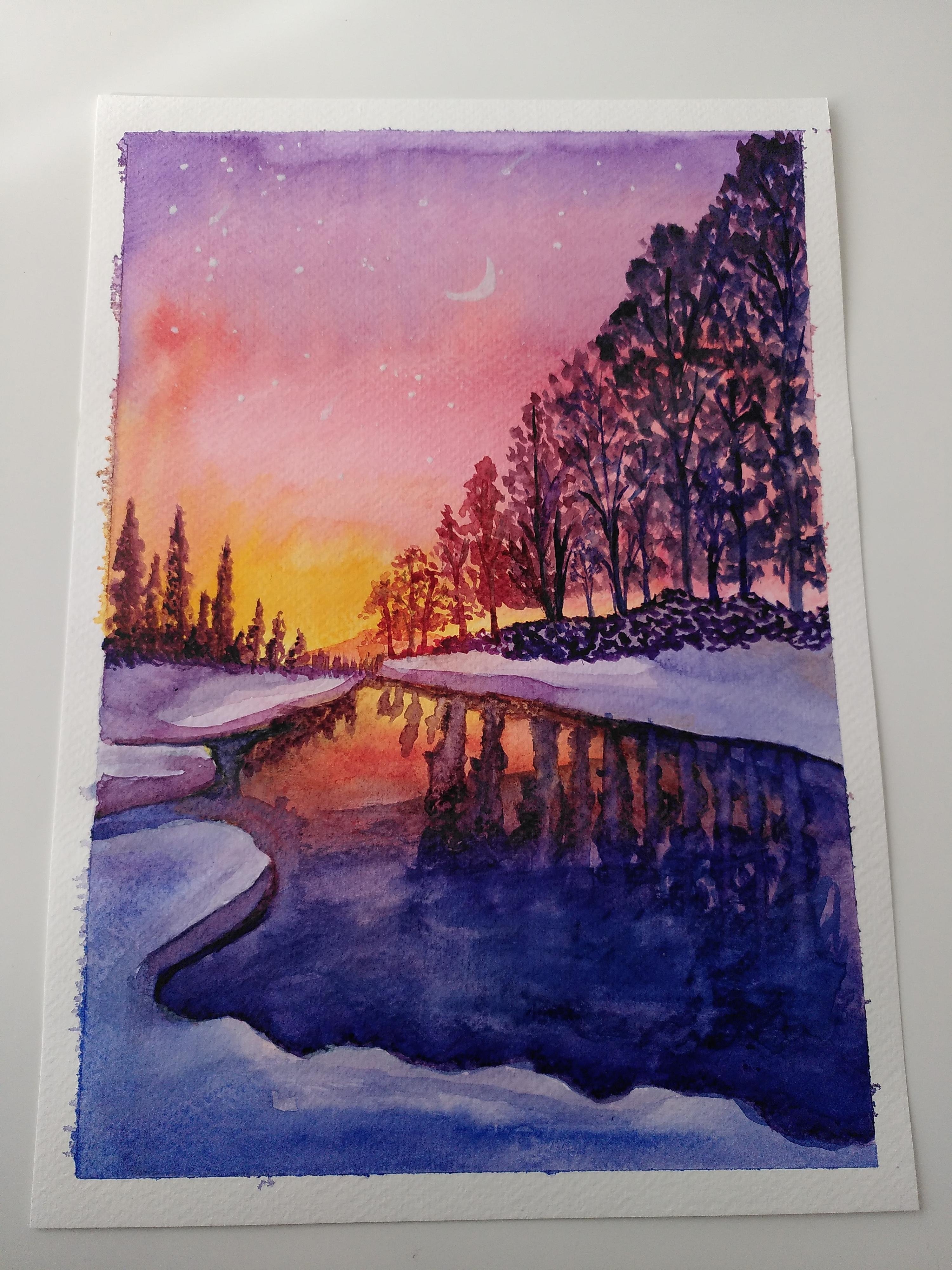 Como pintar uma linda noite de inverno com árvores em aquarela passo a  passo | Shiba Basan | Skillshare, image size:3000x4000