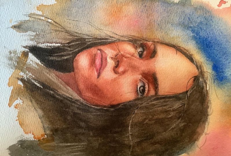 Watercolor portrait using 4 color