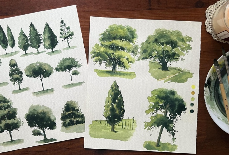 Fun watercolor tree doodles