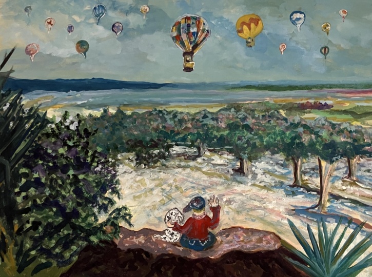 Imaginary Landscape in Gouache. Suzanne Allard’s Class. Little boy/dog watching the hot air balloons