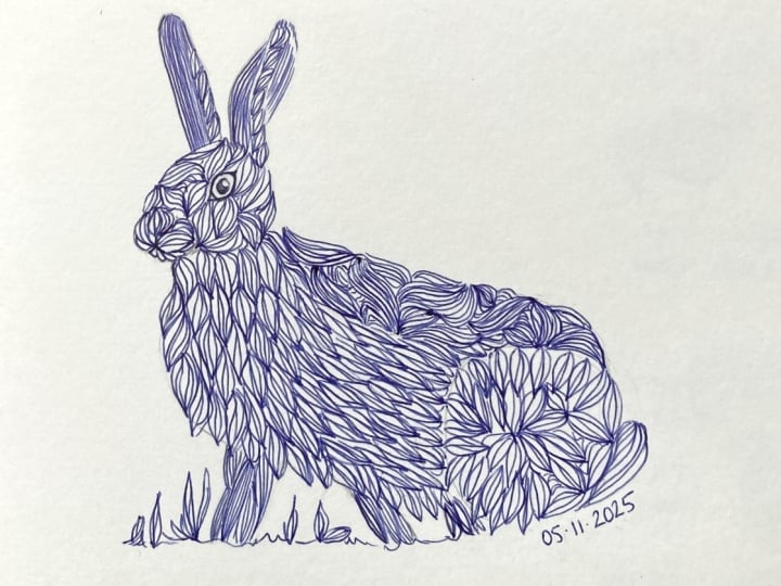 Stylized Rabbit in Blue Ballpoint Pen